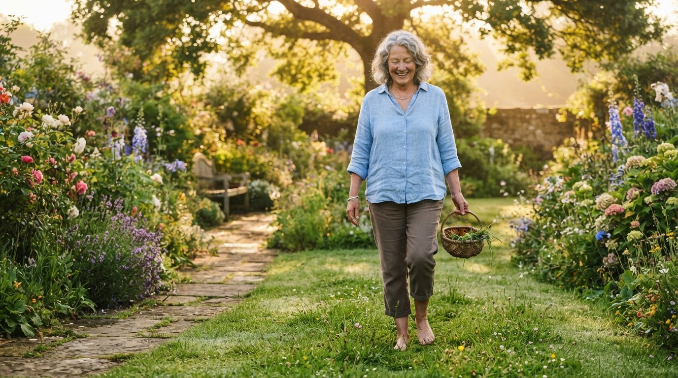 Older adult walking barefoot on grass, feeling the ground again