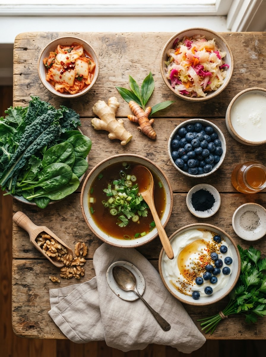 Gut-healing whole foods: leafy greens, fermented vegetables, bone broth