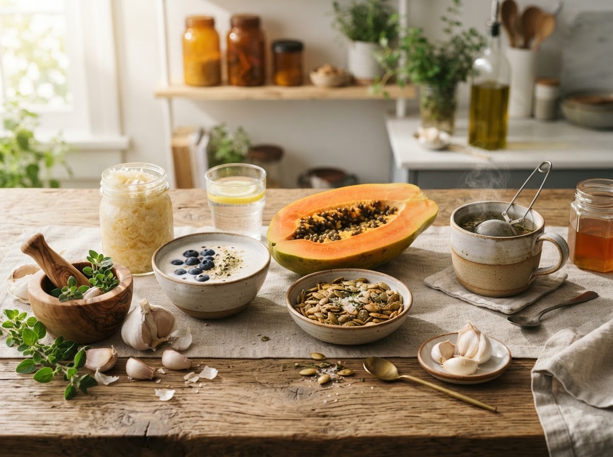 Garlic, pumpkin seeds, papaya and oregano anti-parasitic foods