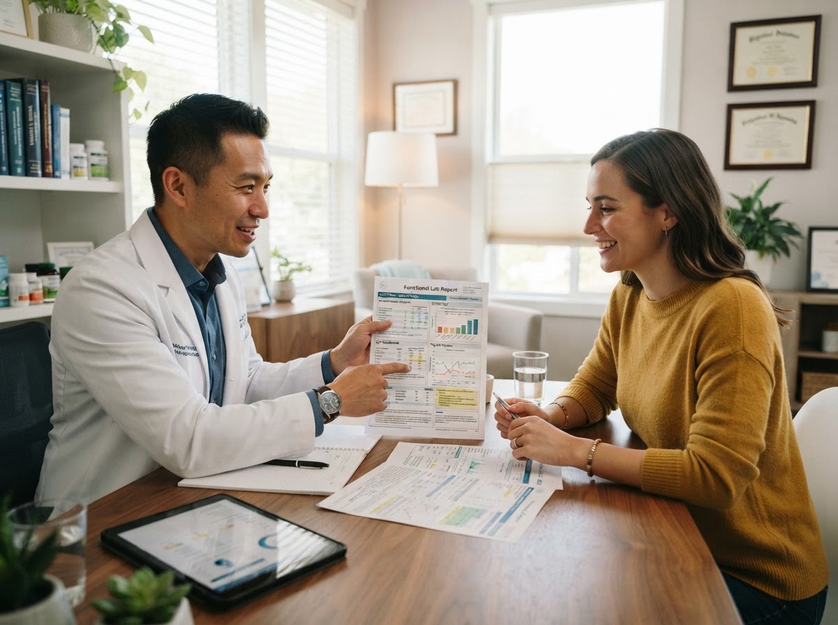 Male functional medicine practitioner reviewing advanced lab results with a patient