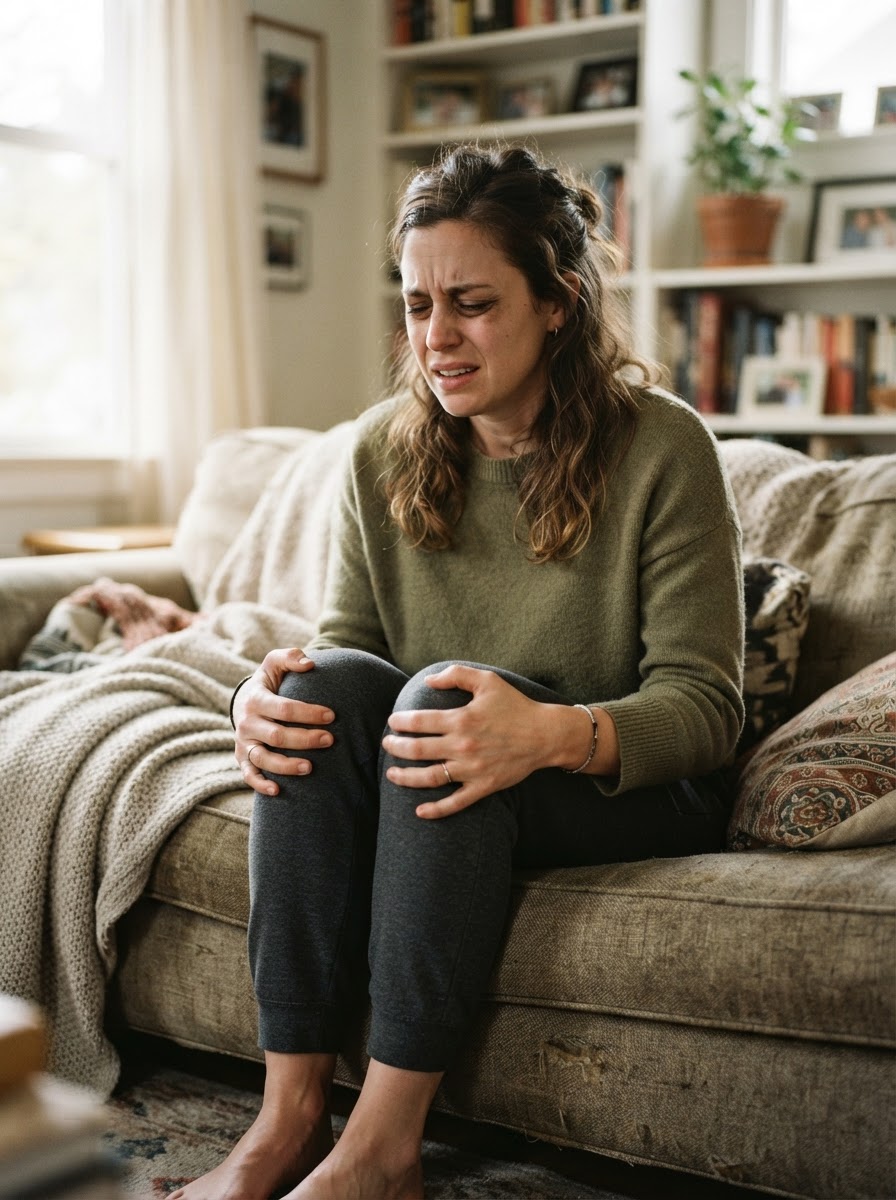 Woman in joint pain and fatigue from autoimmune symptoms