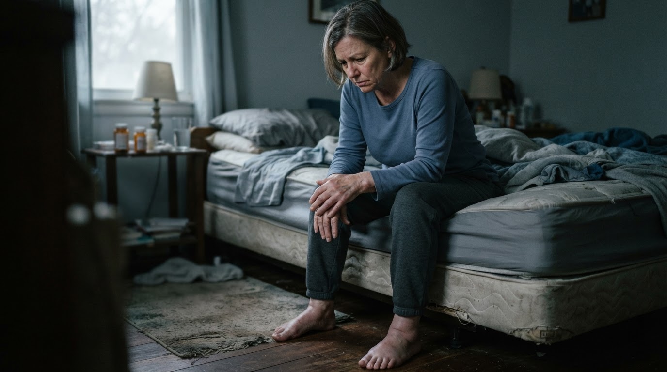 Patient looking down at their hands and feet with frustration