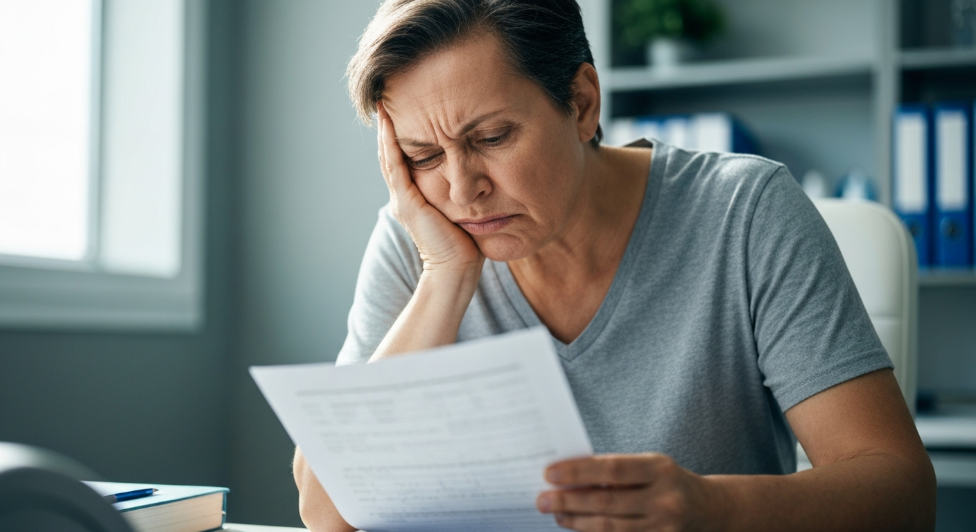 Frustrated patient looking at medical paperwork