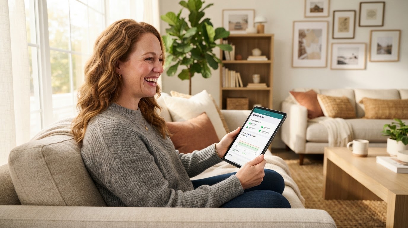 Relieved patient reviewing improved lab results on a tablet