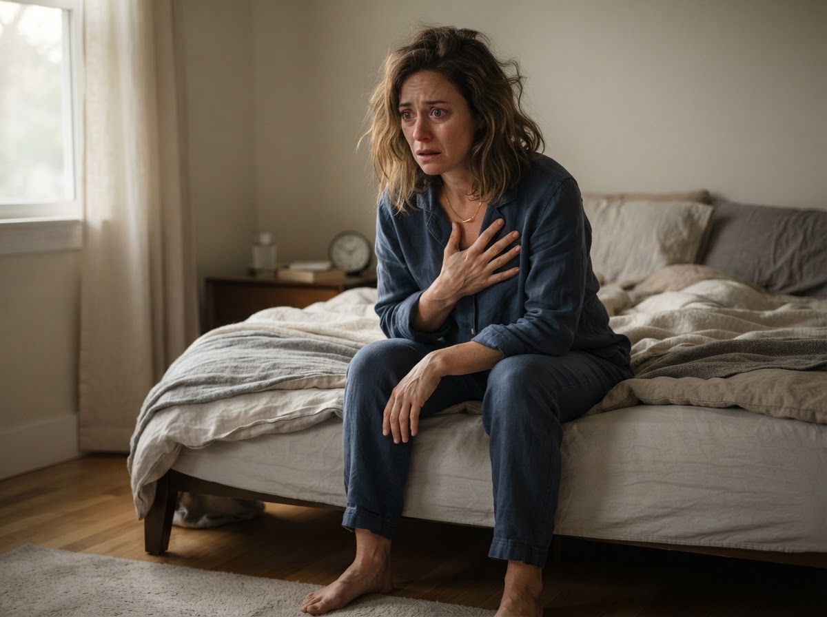 Woman overwhelmed by anxiety on the edge of her bed