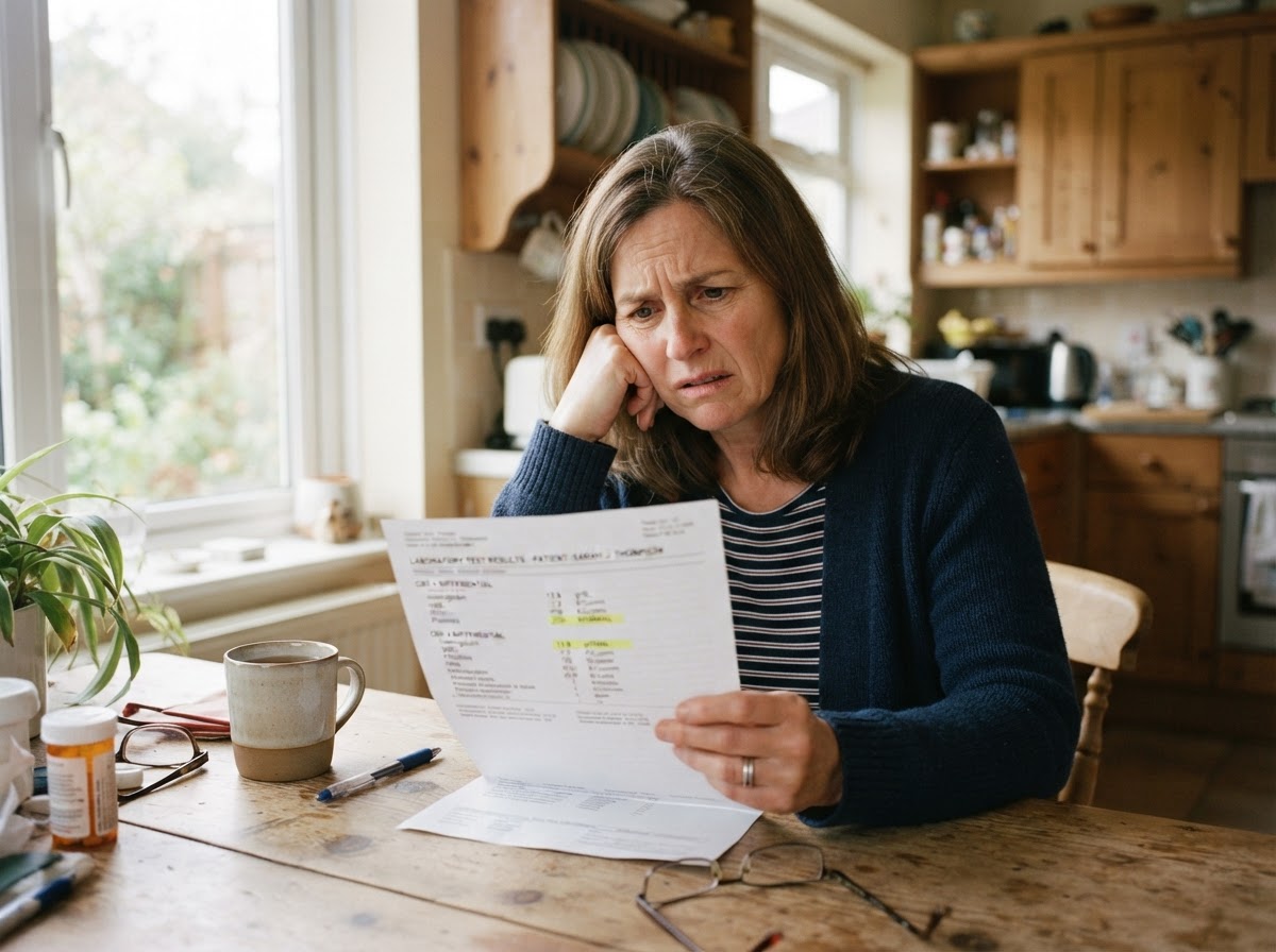 Patient confused and frustrated reading lab results marked normal
