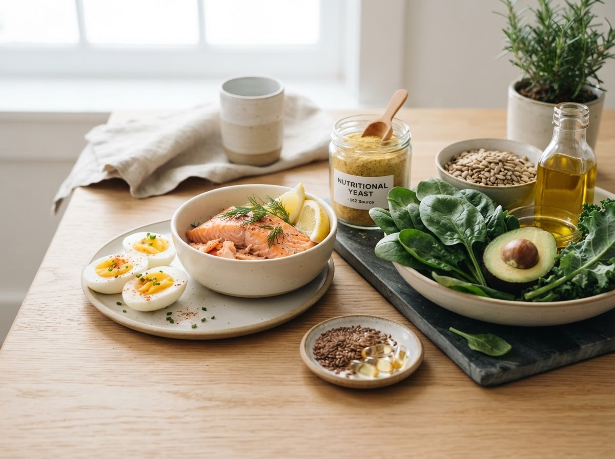 B-vitamin rich eggs, salmon, leafy greens and nutritional yeast
