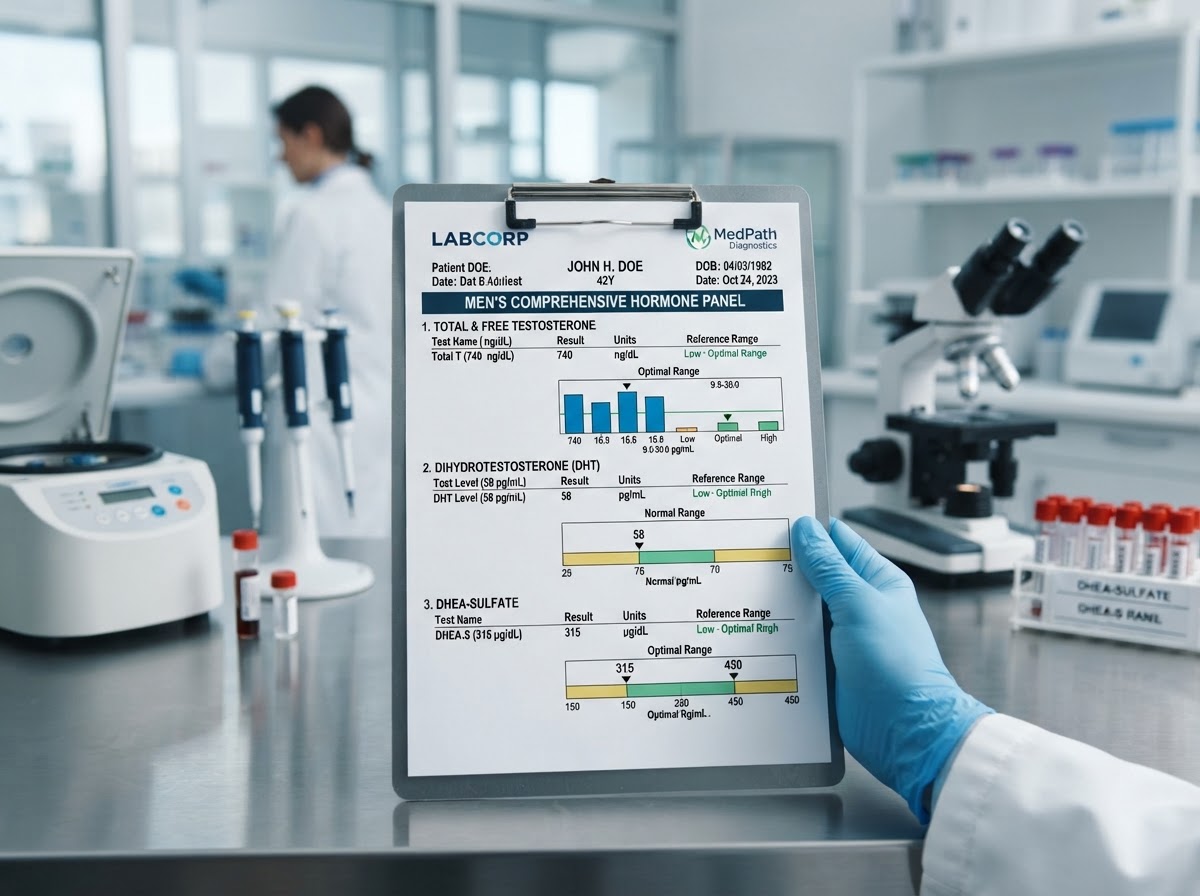 Testosterone and male hormone blood panel report