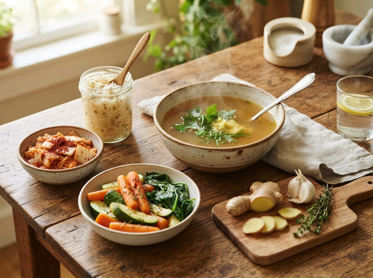 Bone broth, kimchi, sauerkraut and ginger for gut healing