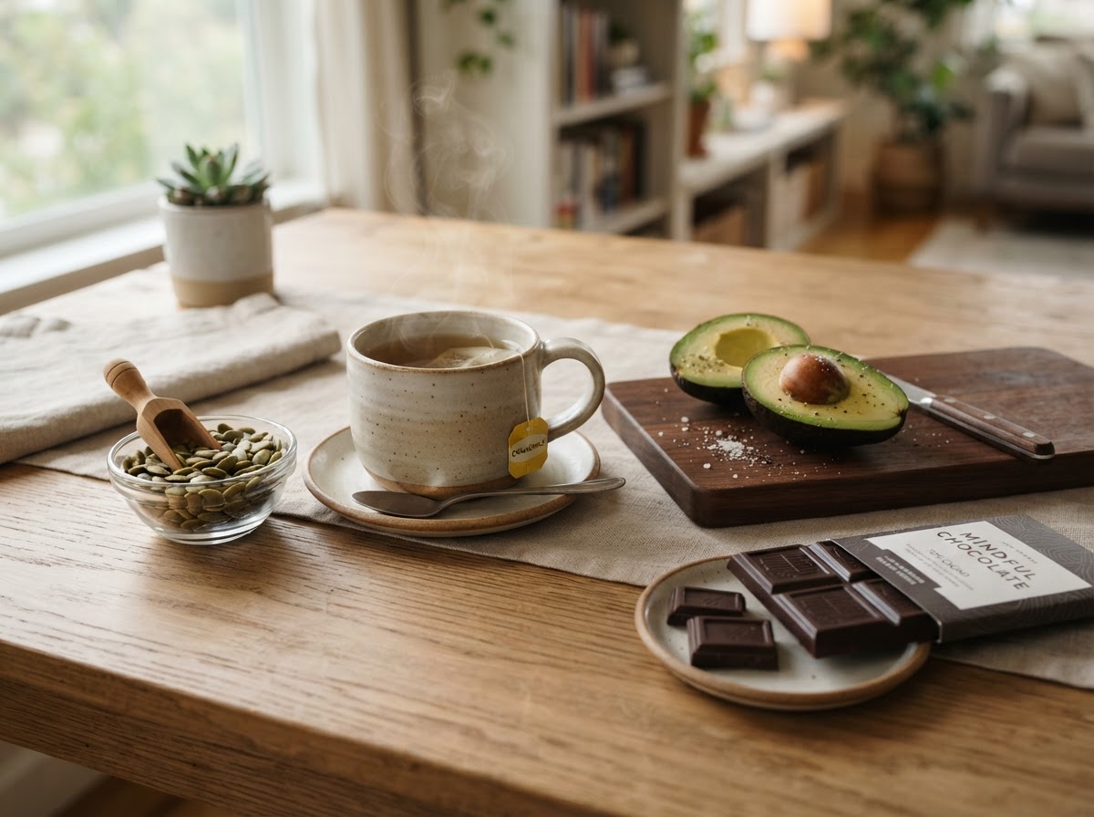 Calming herbal tea, magnesium-rich seeds and dark chocolate