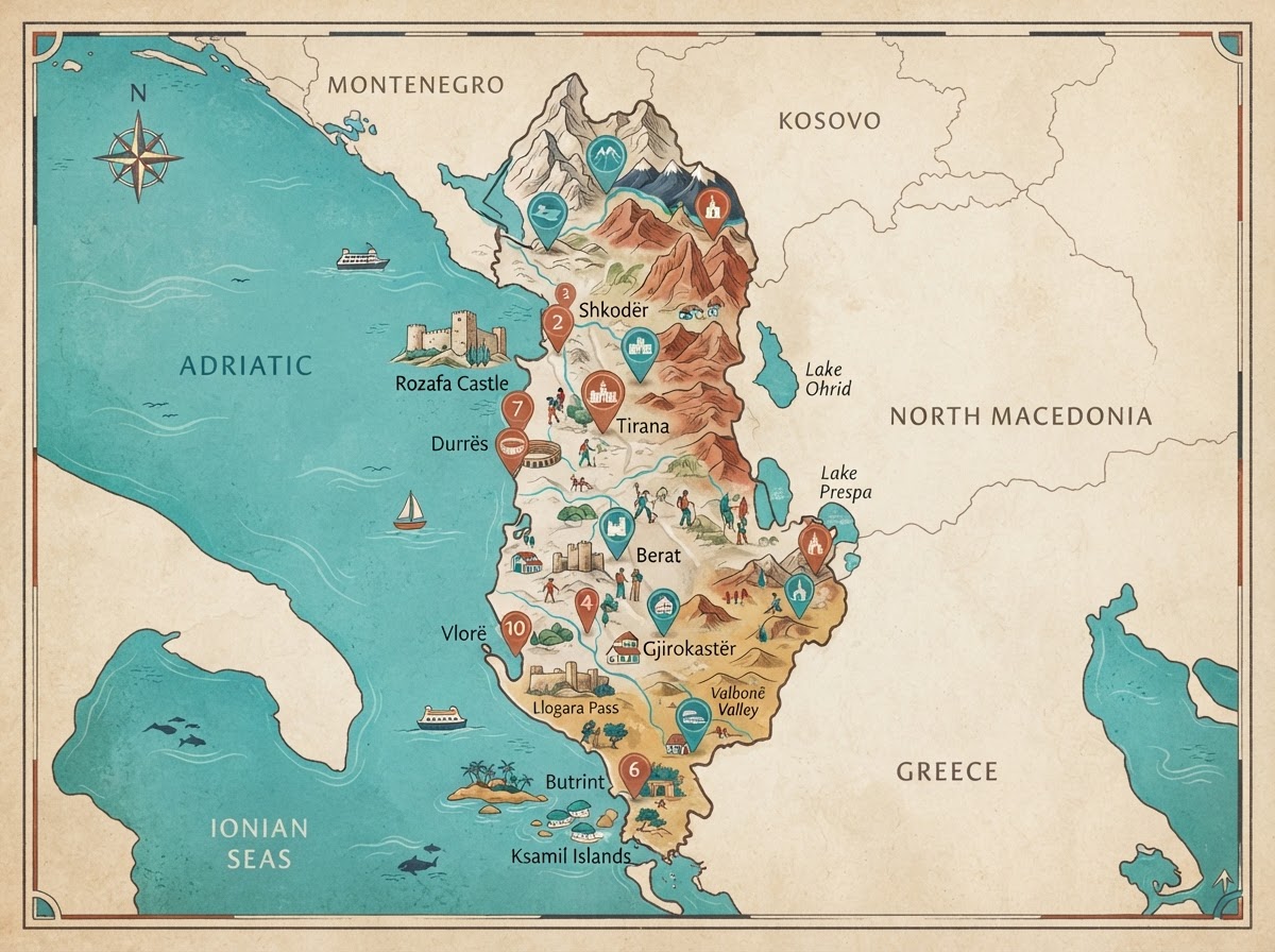 Stylised travel map of Albania marking must-see destinations