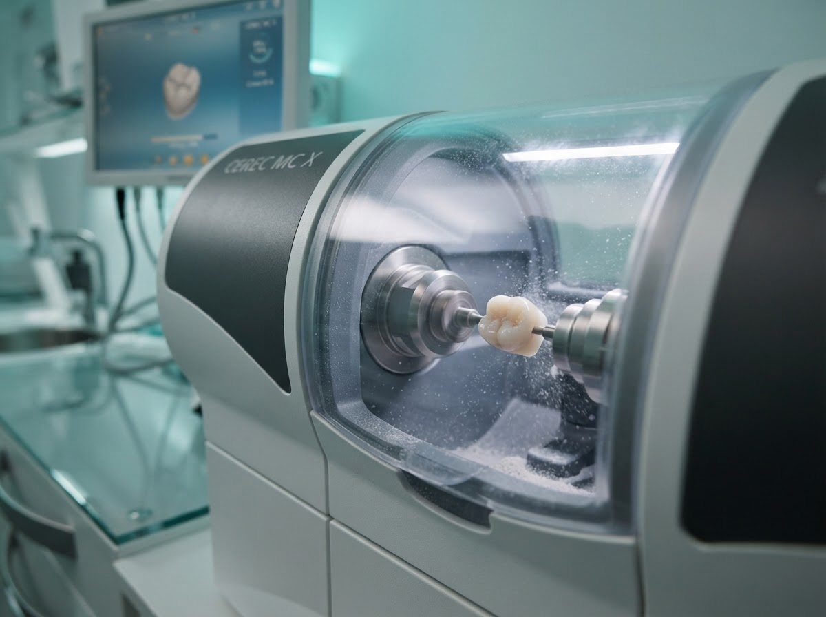 CEREC CAD/CAM ceramic crown being milled chairside at Advance Dental Care East London