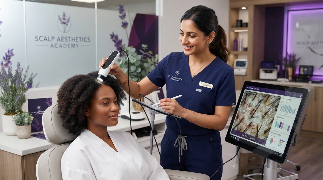 A professional trichology practitioner assessing a client's hair and scalp health