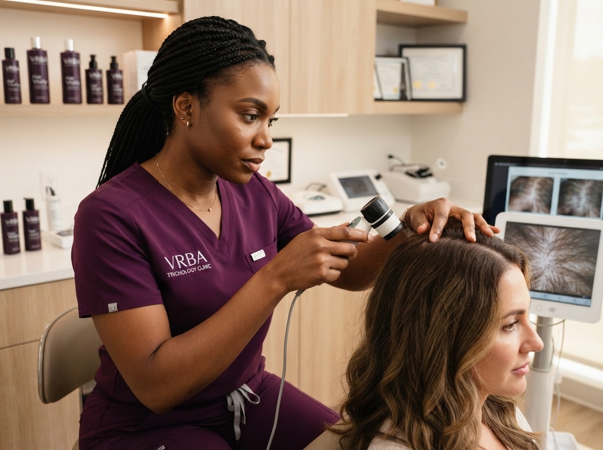 Professional trichology practitioner in purple VRBA scrubs performing a digital scalp assessment with a trichoscope