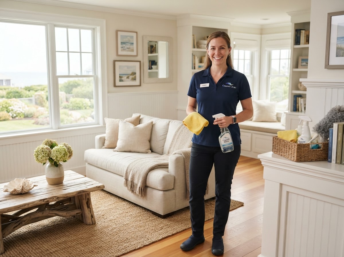 Smiling woman in a navy Bricoli Cleaning uniform cleaning a bright Cape Cod living room