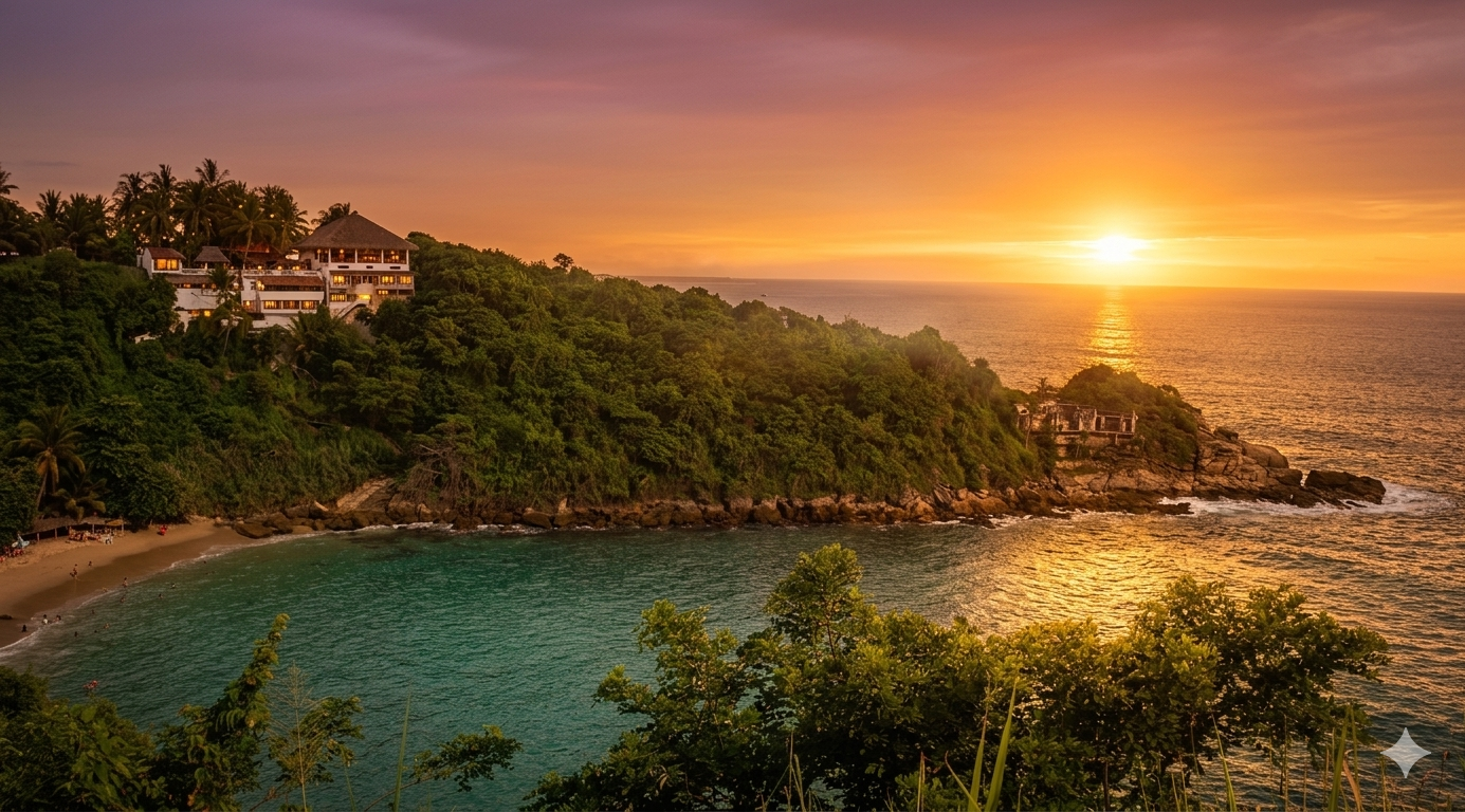 Coastal sanctuary nestled on lush green cliffs overlooking turquoise ocean waters at sunset in Puerto Escondido, Mexico
