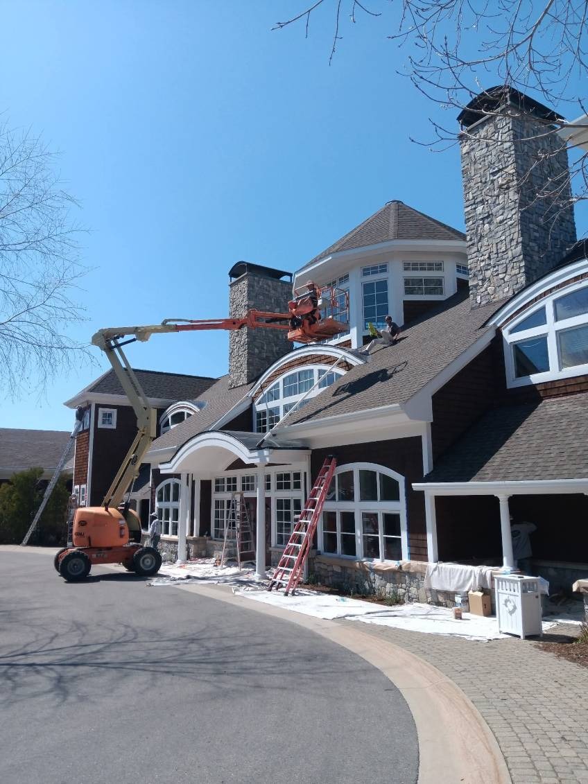 Estate Exterior Painting & Stone Tower Boom Lift Staging