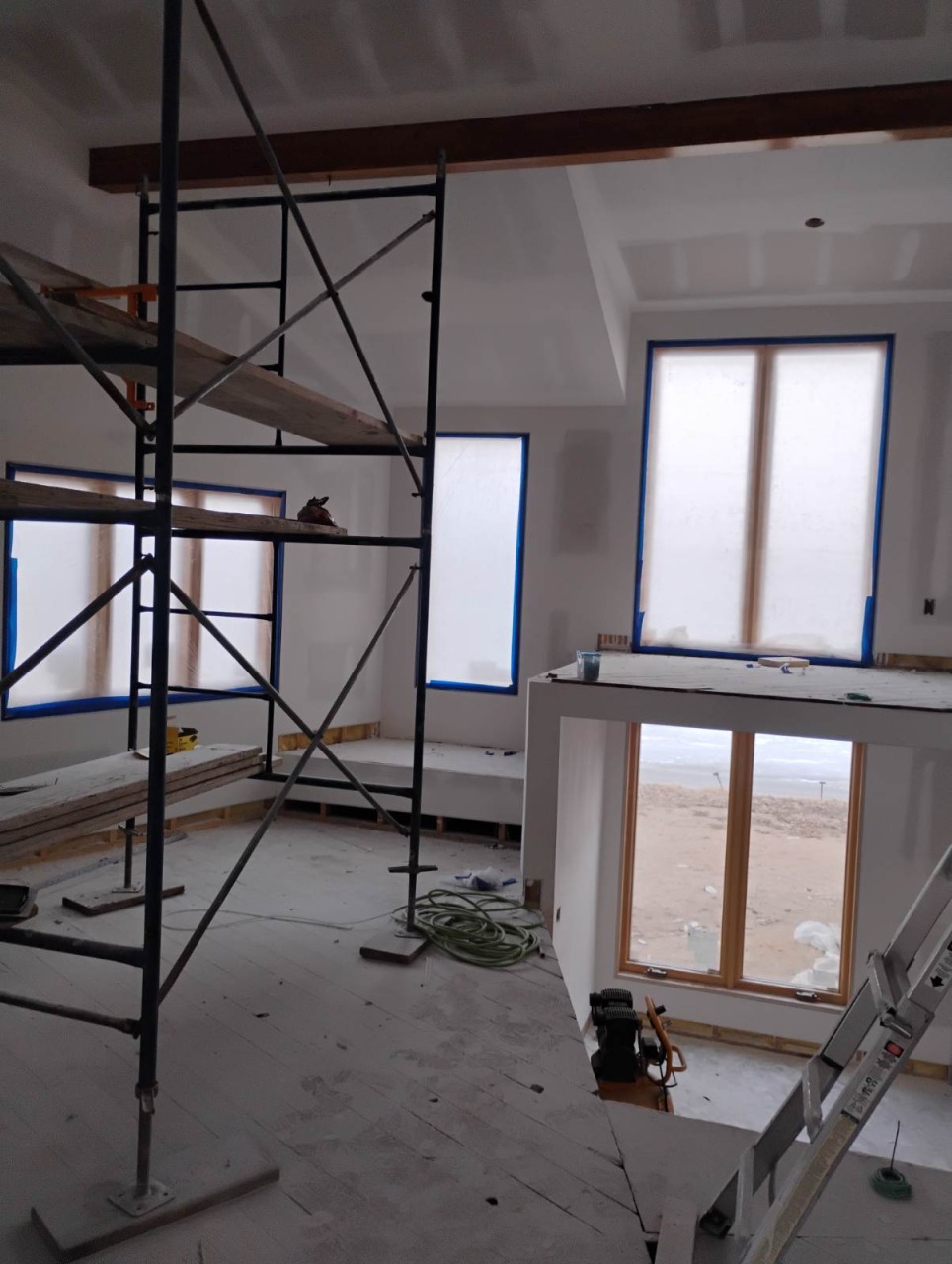 Two-Story Great Room Drywall Scaffolding & Window Masking