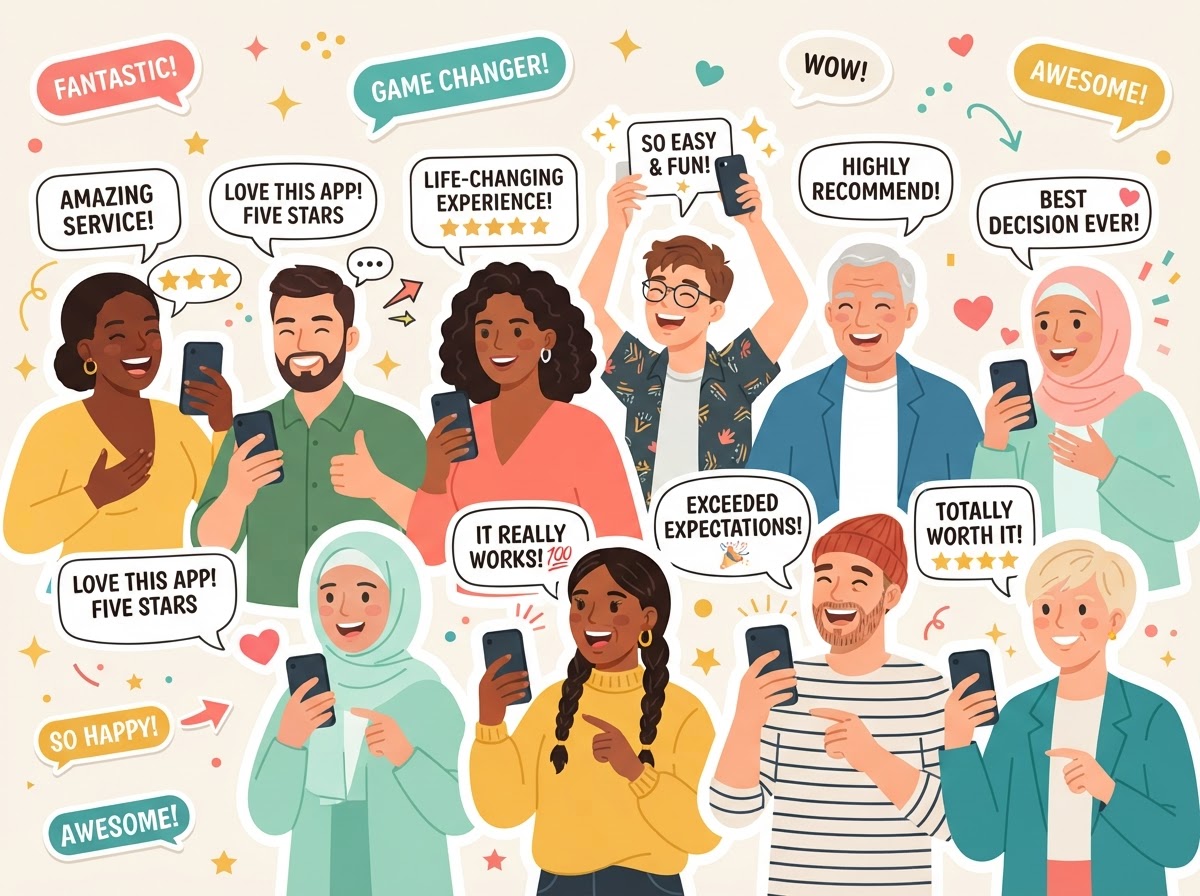 Colorful illustration of happy people recording video testimonials with phones