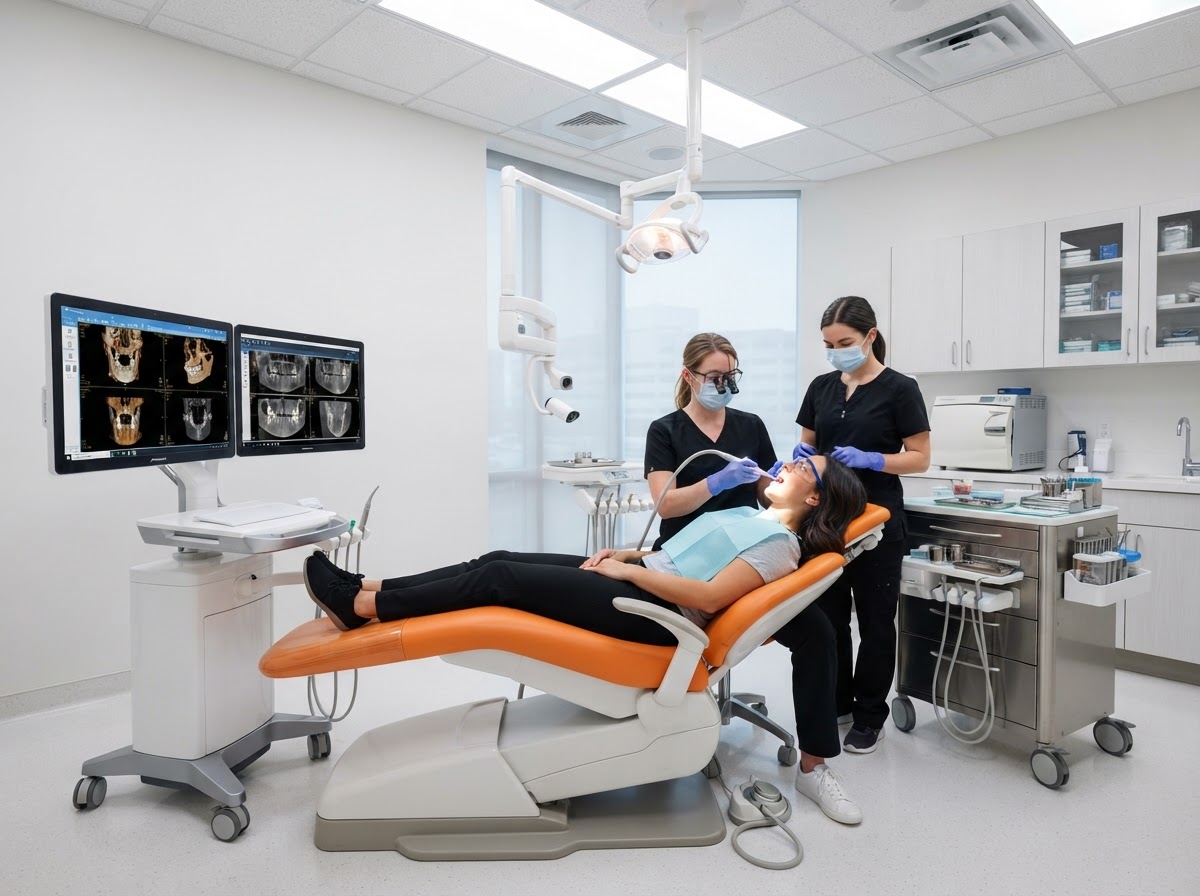 Dentist reviewing digital dental scan on tablet with patient