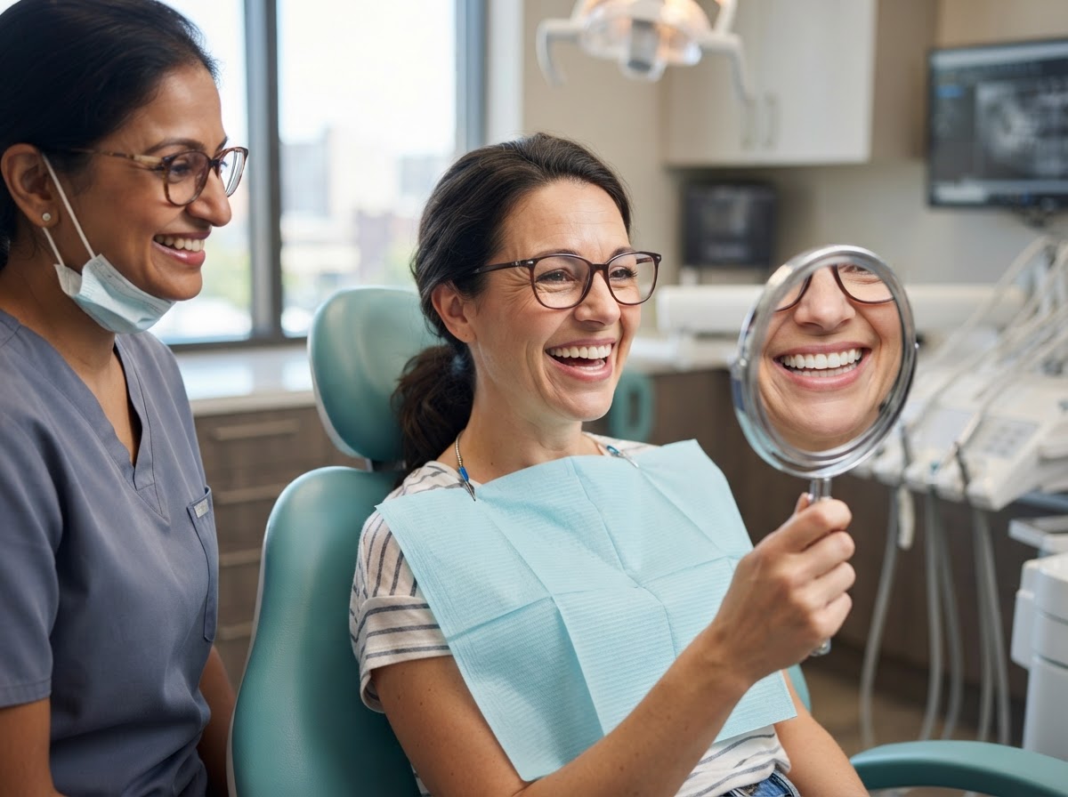 Happy smiling patient admiring new smile in hand mirror