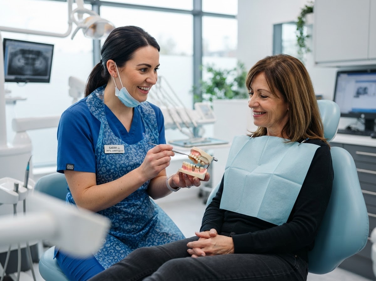 Clinical team member explaining dental assessment with model