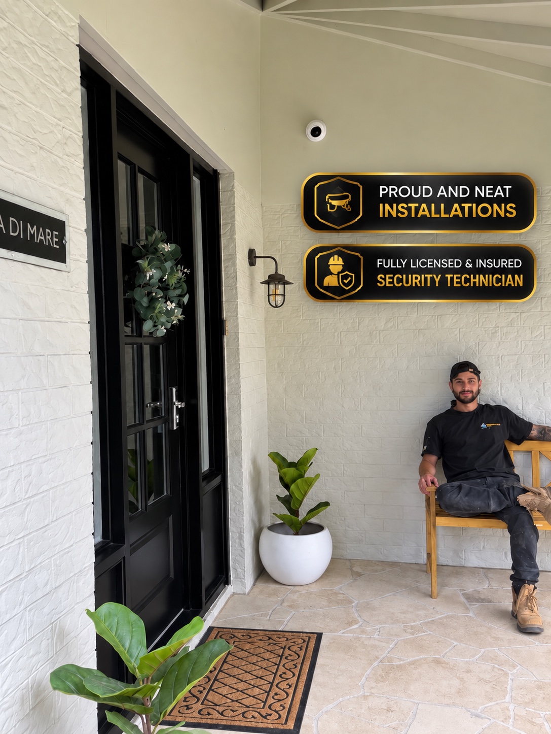 SCKA technician seated beside residential front entrance with installed security camera, proud and neat installations