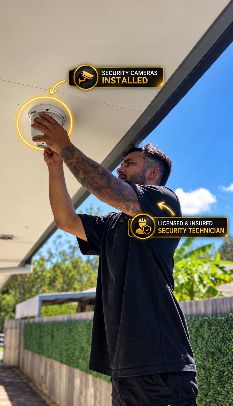 Authentic SCKA technician installing residential security camera under eave