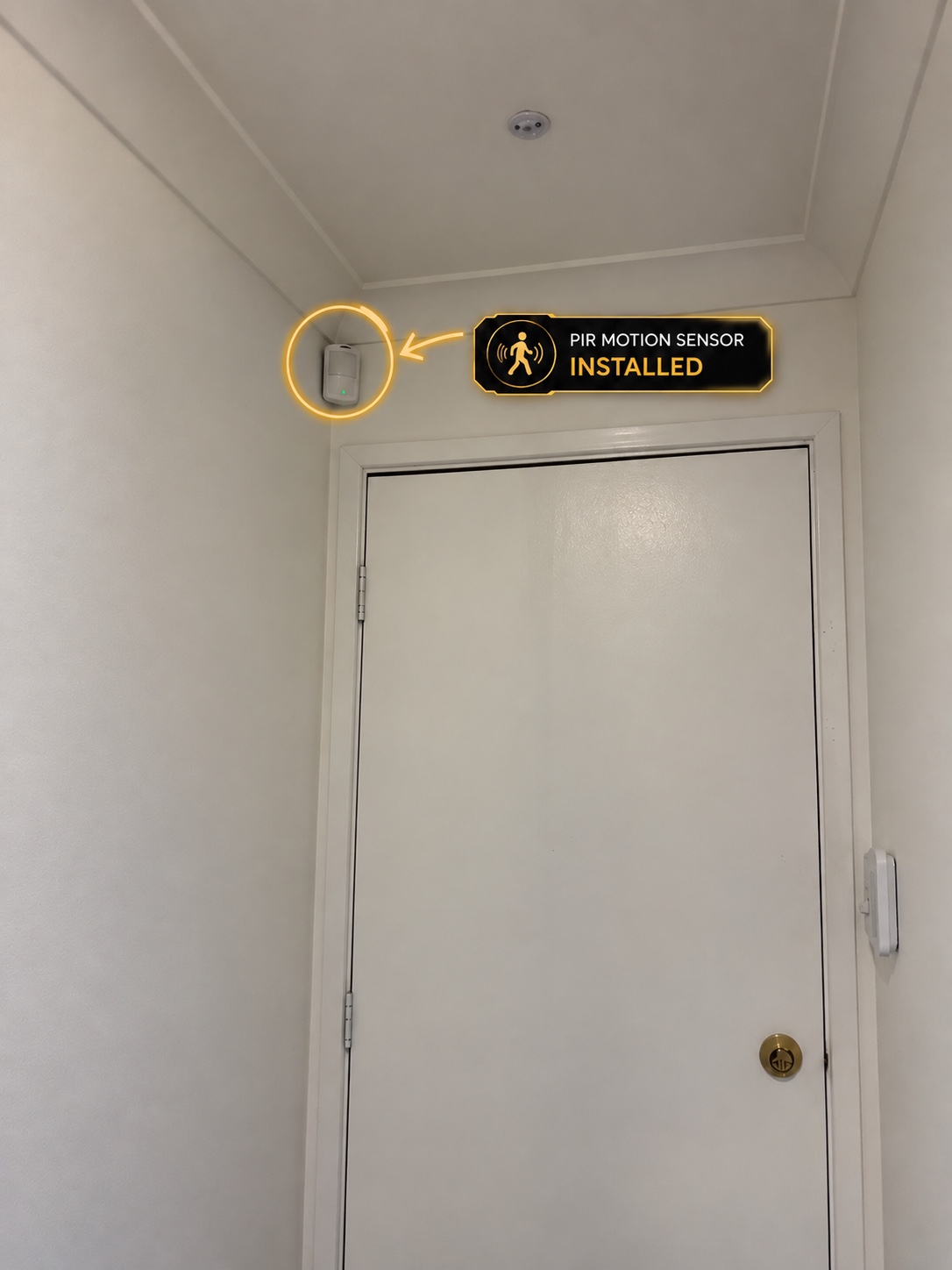 Layer 2 — authentic internal PIR motion sensor installed above doorway by SCKA