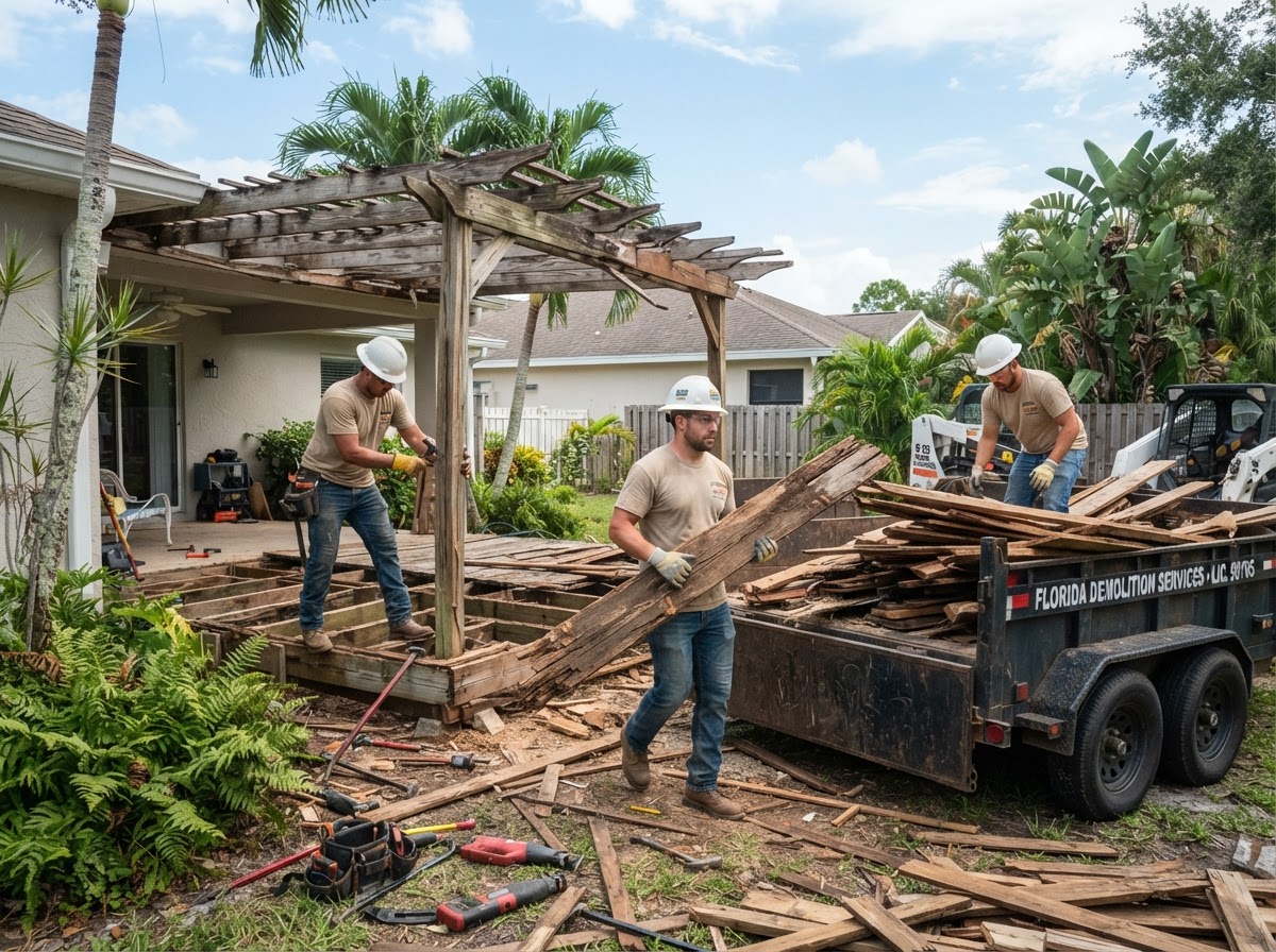 Small residential demolition job with workers safely removing an old wooden outdoor structure in Florida