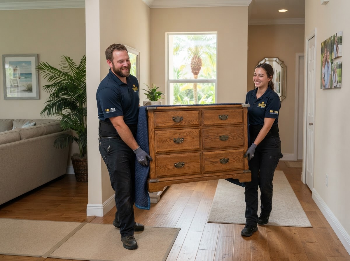Two friendly professional movers carefully carrying wooden furniture inside a Florida home