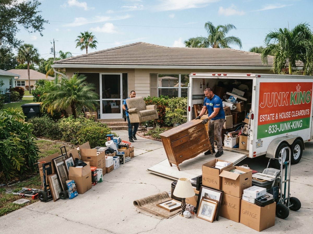 A crew clearing out a whole house estate, loading furniture and boxes into a large hauling trailer