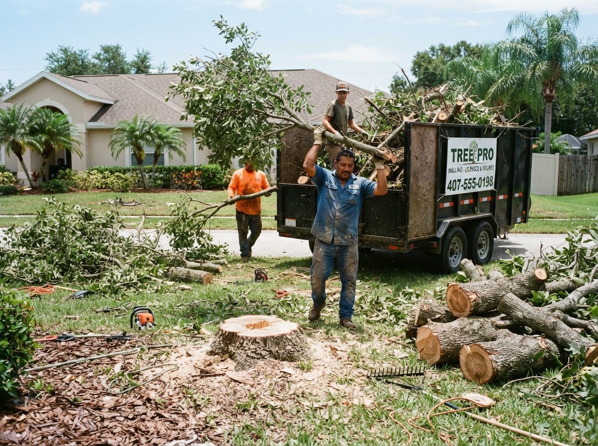 Workers loading cut tree branches, limbs, and tree debris into a hauling trailer in a Florida yard