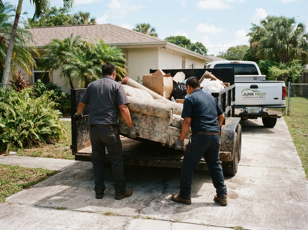 Johnny's junk hauling team loading household furniture and boxes into a trailer at a Florida home