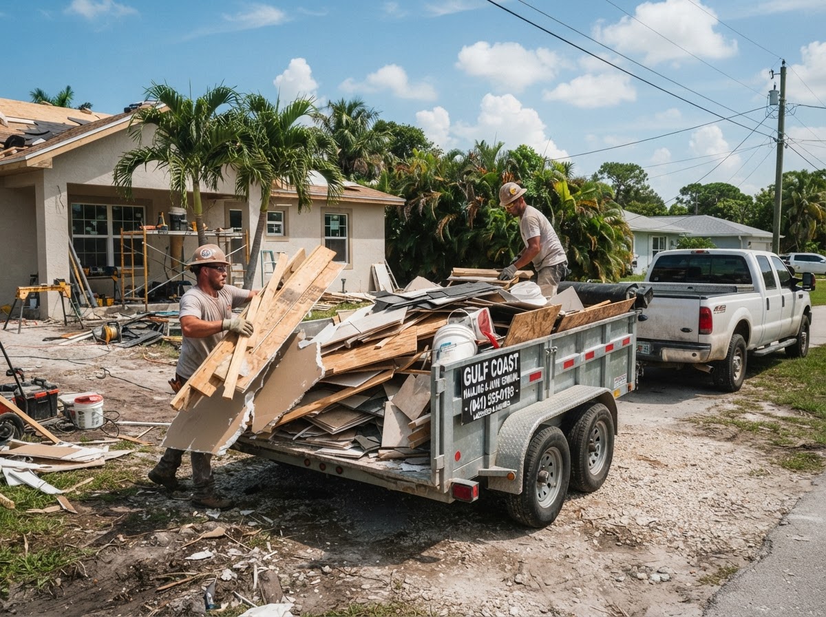 Construction debris removal with lumber, drywall, and renovation scraps loaded onto a hauling trailer