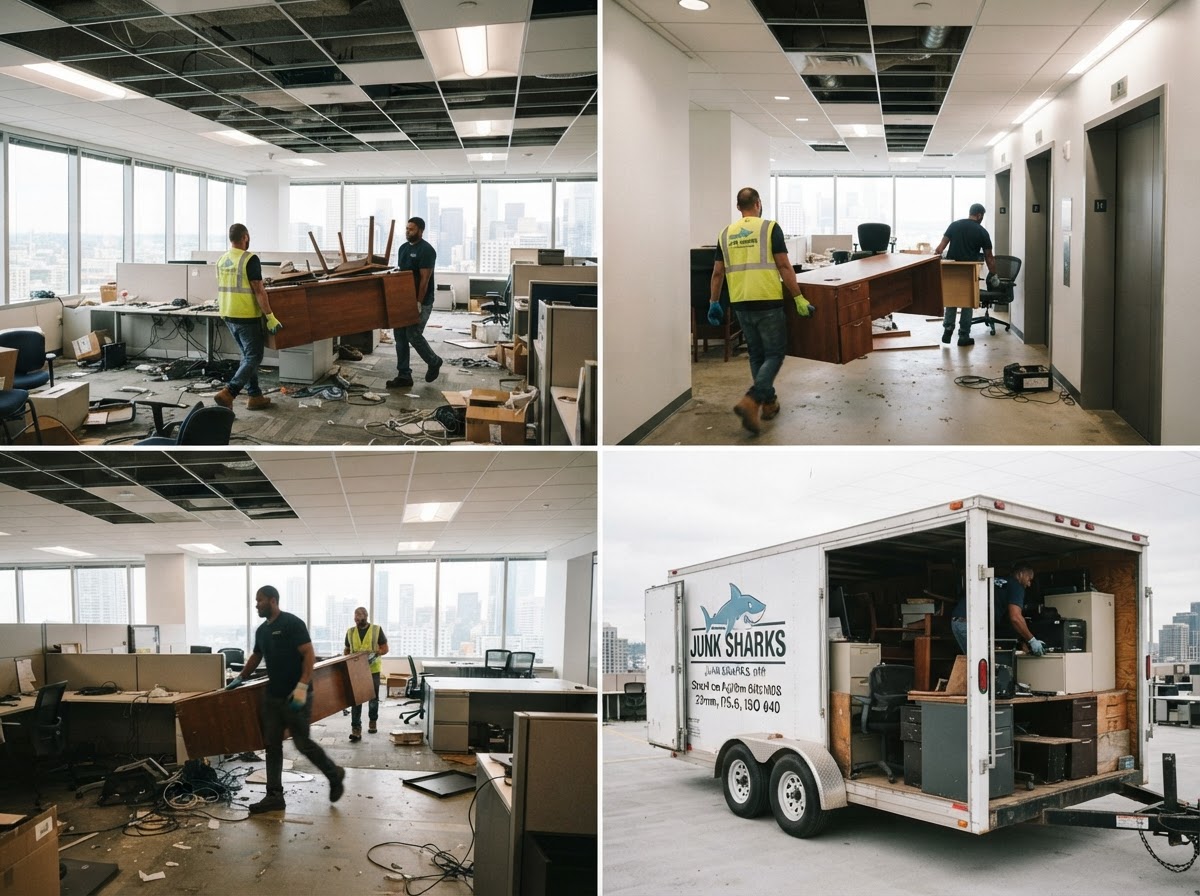 Workers clearing out a commercial office, removing desks and office furniture and loading a trailer