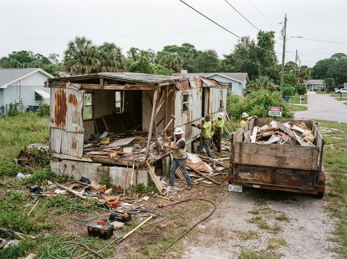 A demolition crew dismantling an old mobile home with a hauling trailer loaded with debris nearby