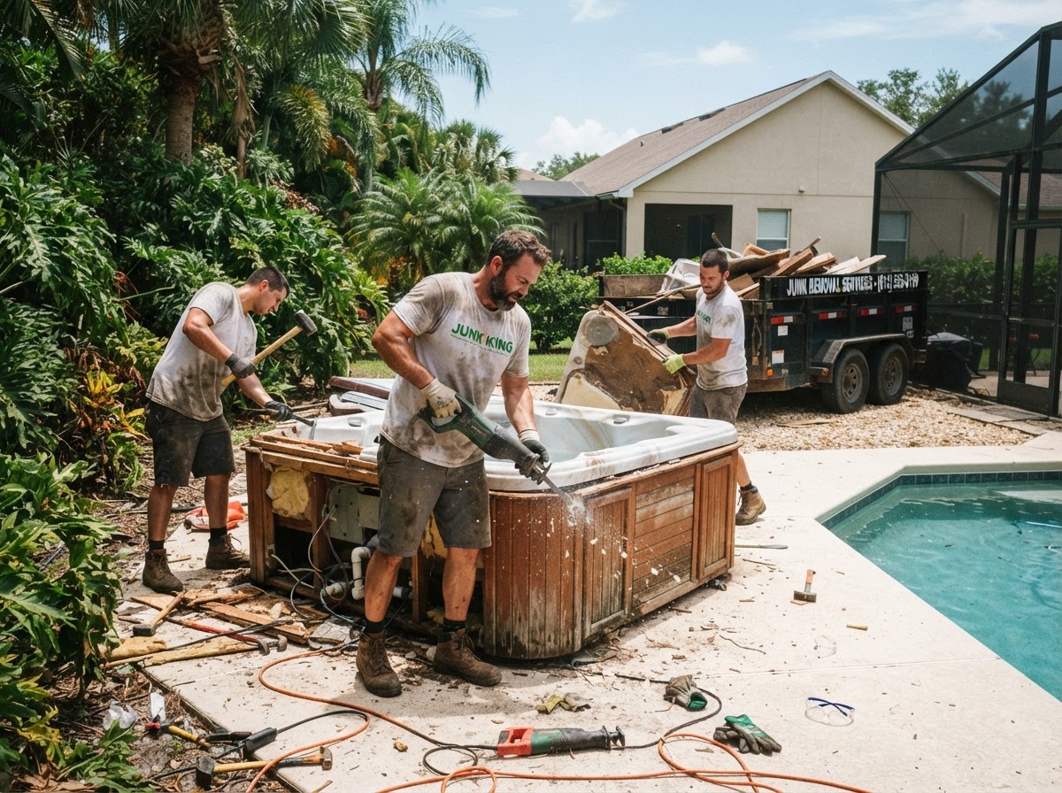 A crew dismantling and removing an old hot tub from a Florida backyard with a hauling trailer nearby
