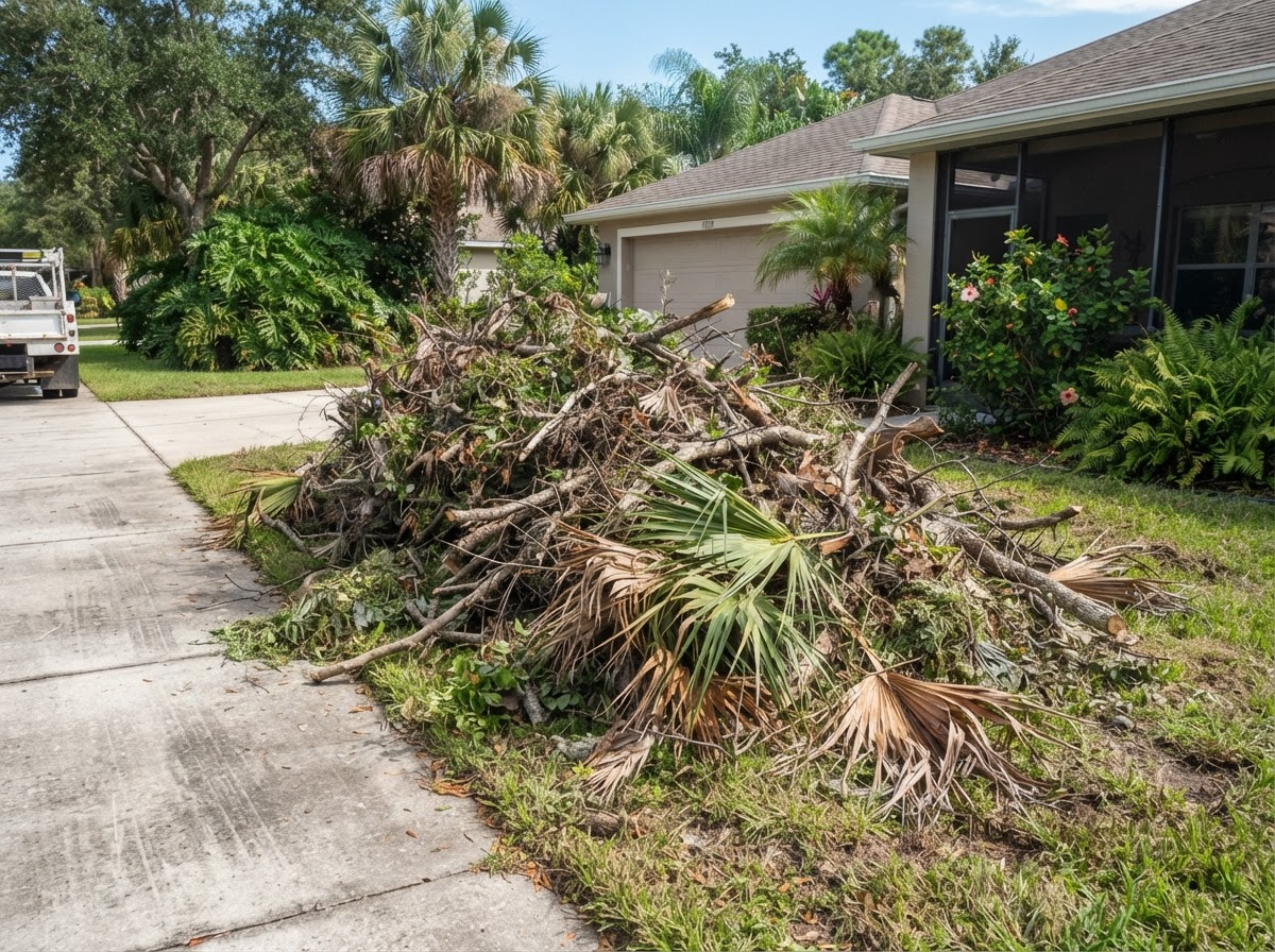 Large pile of yard debris, branches and palm fronds ready for hauling in Florida