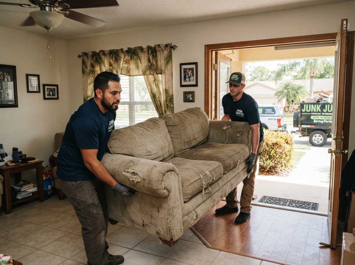 Professional junk haulers carrying an old sofa couch out of a residential living room onto a trailer