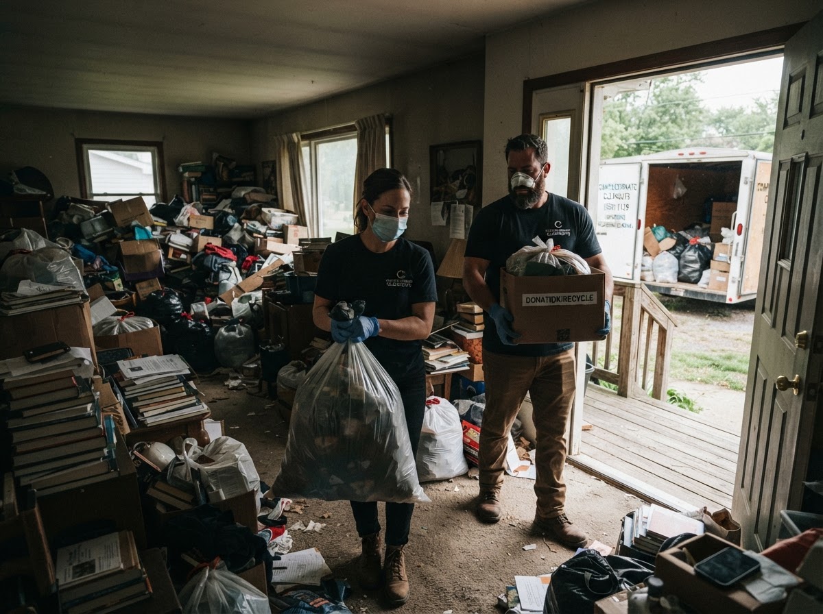 A compassionate crew carefully clearing a severely cluttered home, carrying bags and boxes out to a hauling trailer