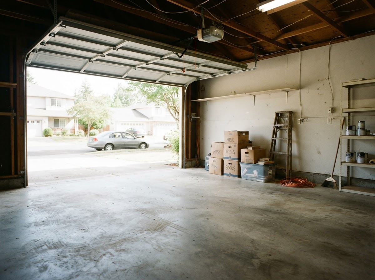 Partially cleared garage during a full property cleanout job in Florida