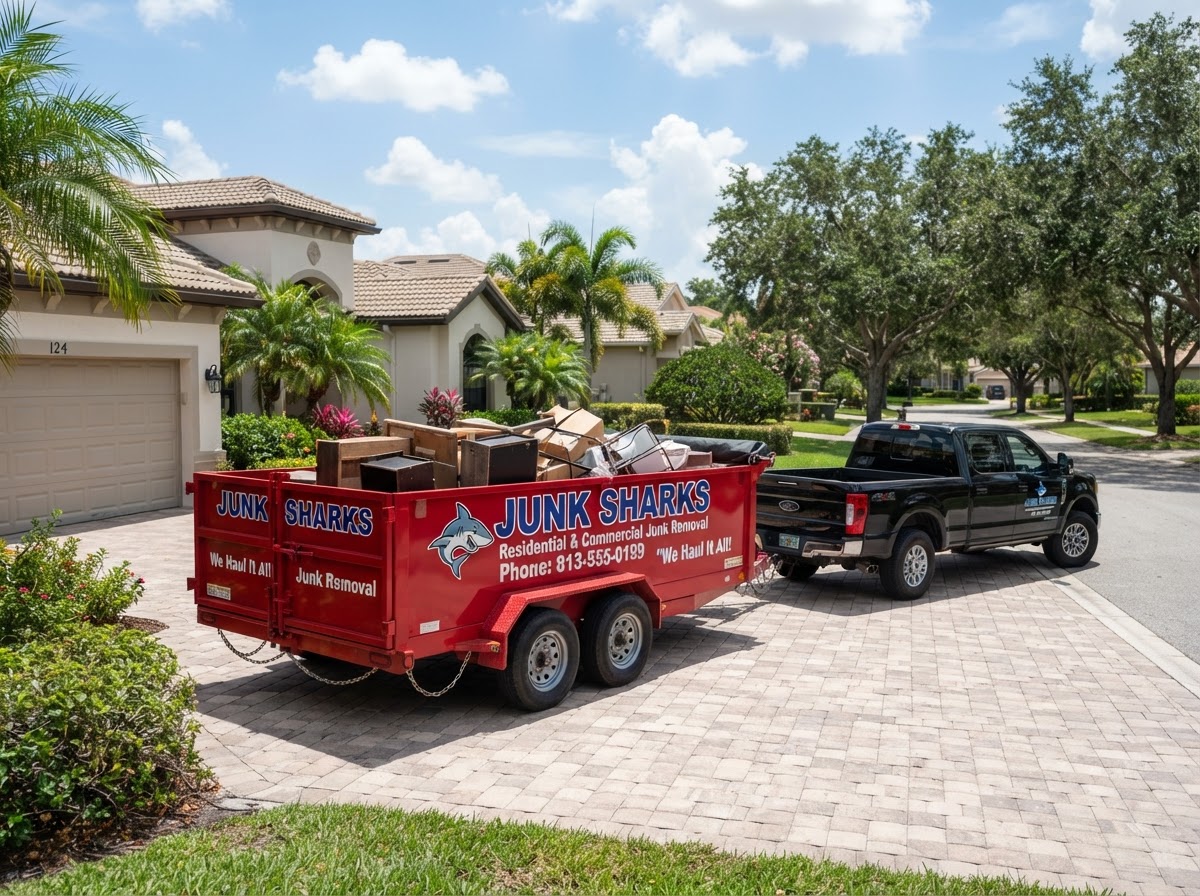 16-yard roll-off dump trailer parked cleanly in a residential Florida driveway