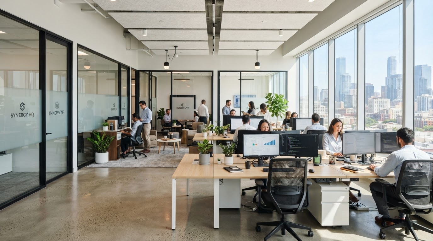 Bright, clean modern office workspace with daylight and orderly desks