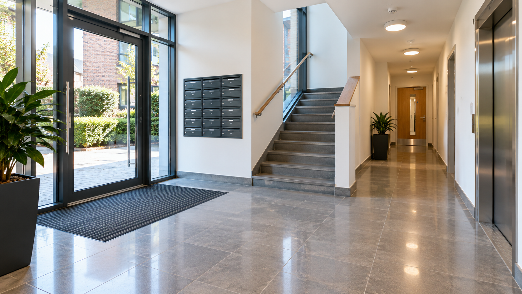 Bright, pristine communal entrance lobby with polished floors, postboxes, stairs and lift