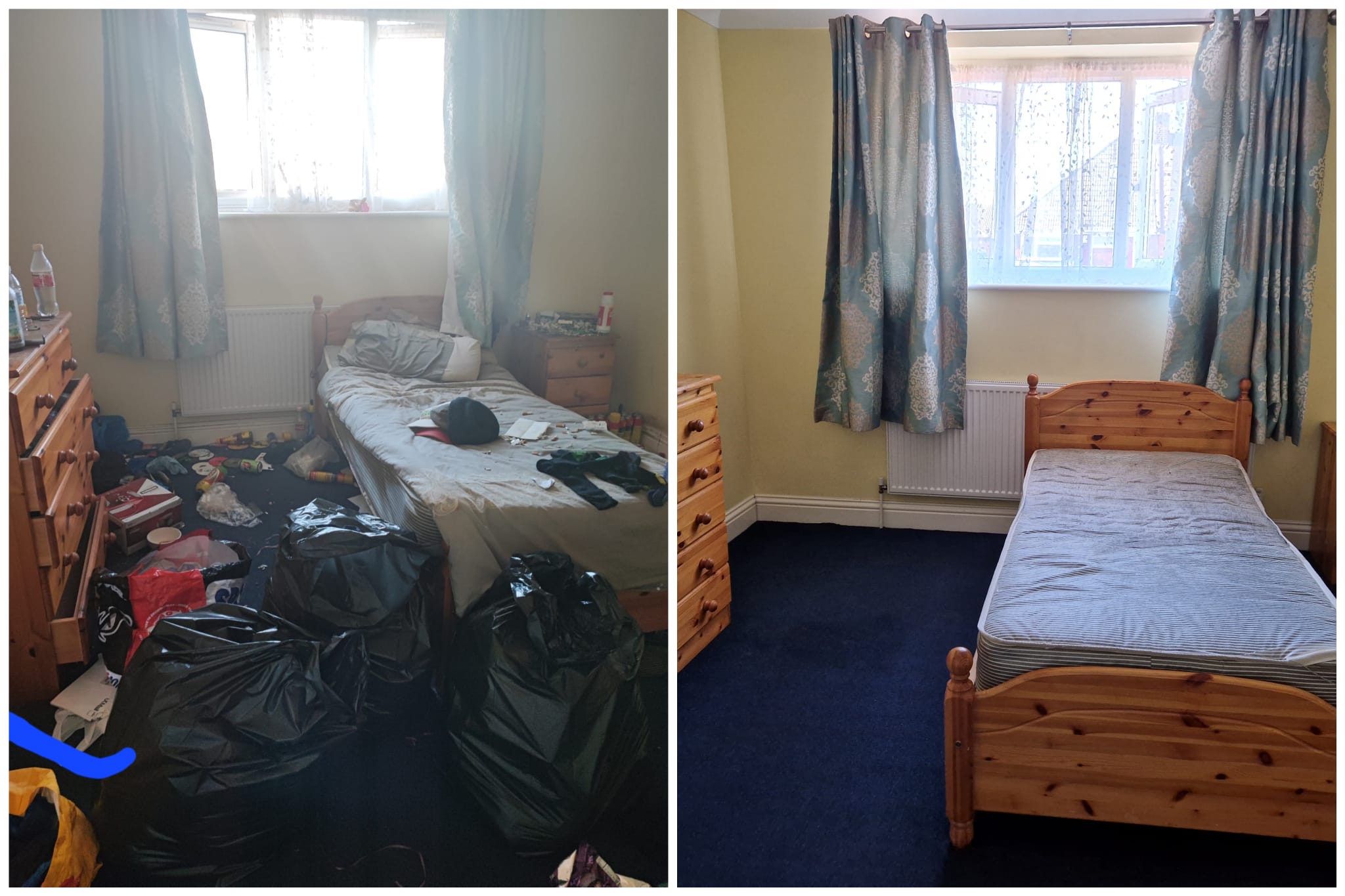 Cleaning work comparison: Bedroom clean before and after