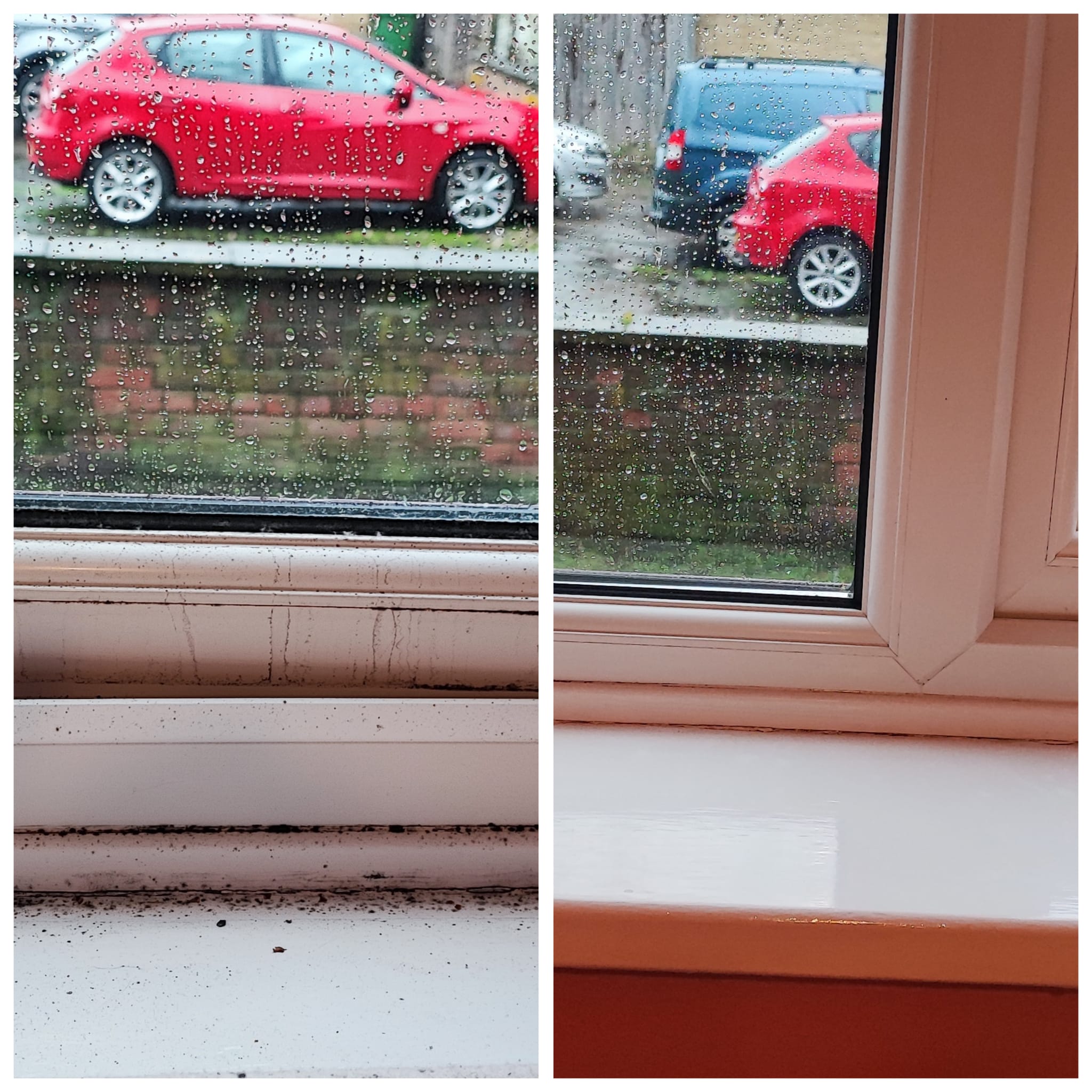 Cleaning work comparison: Window detail before and after