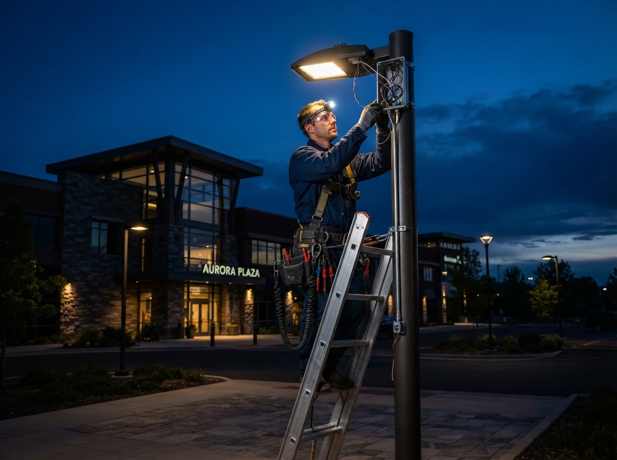 Commercial outdoor lighting installation at dusk