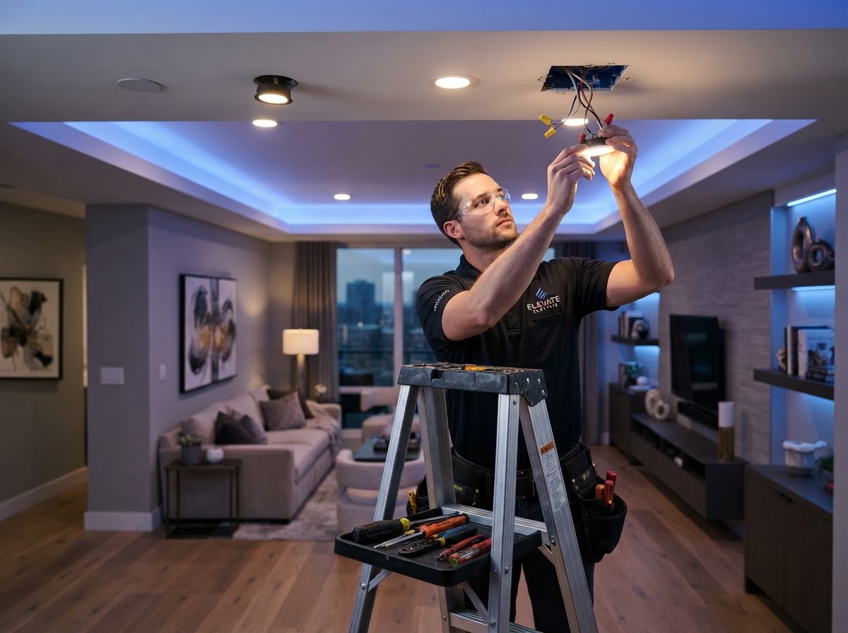 Electrician installing smart home lighting fixtures