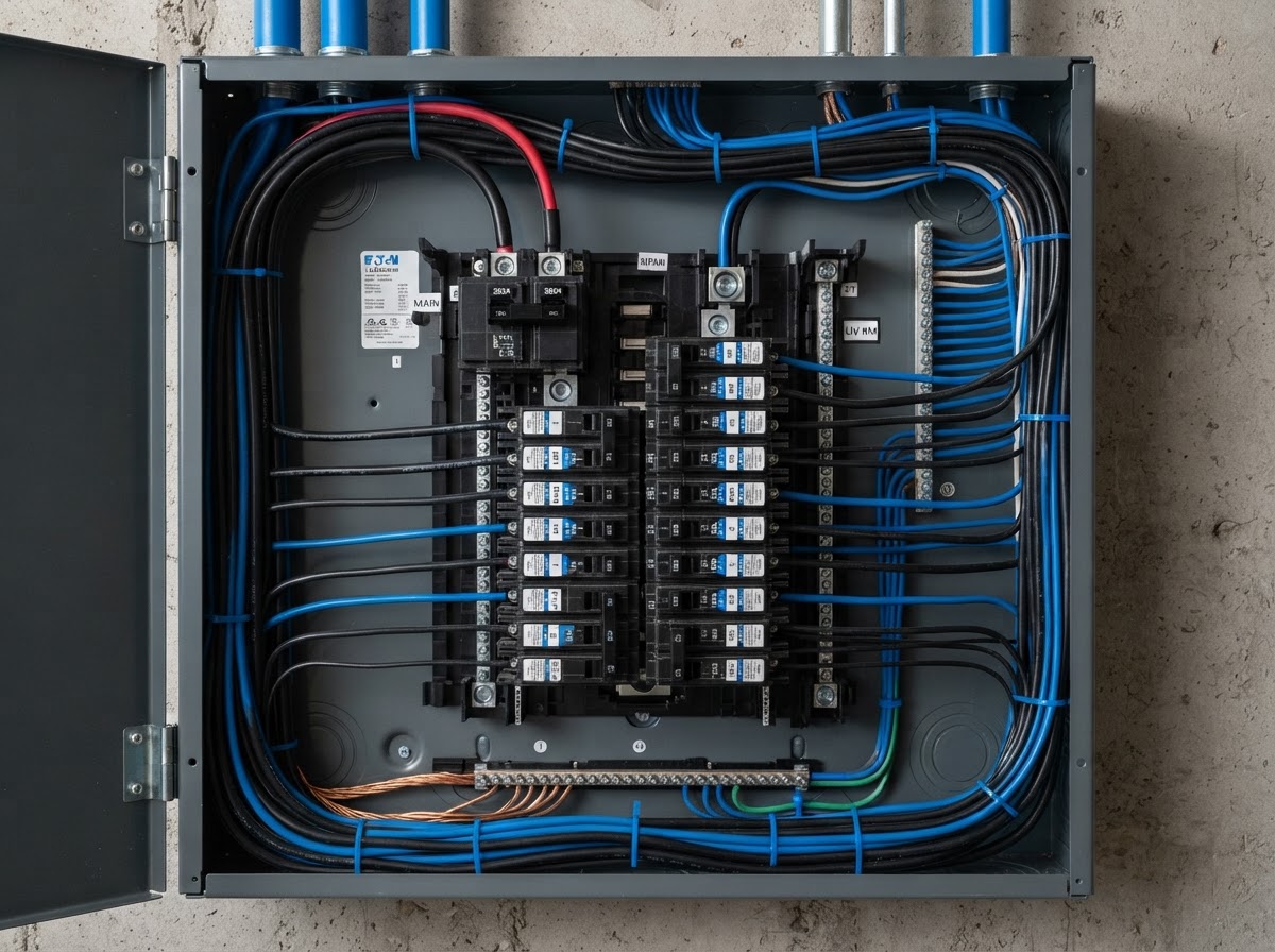 Modern electrical service panel with neat wiring